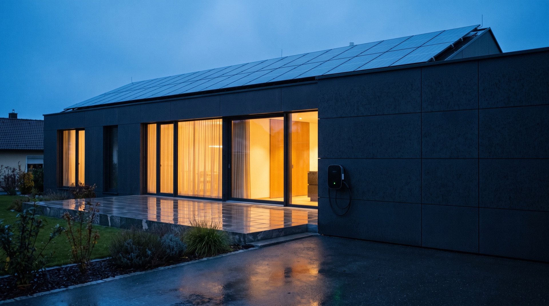 Wohnhaus zur blauen Stunde mit sichtbarer Photovoltaikanlage und Ladepunkt. Eine Linie verbindet Dach, Speicher, Wallbox und Haus zu einem System.